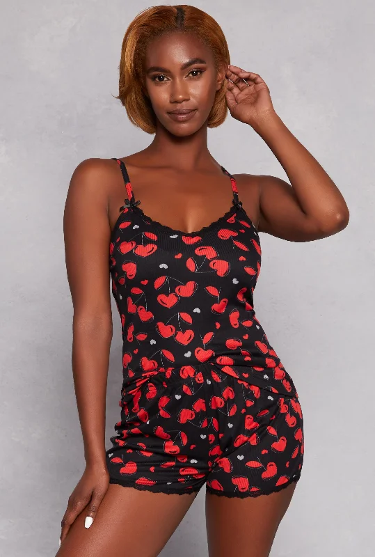 affordable women's pajama setsRibbed Knit Cherry Heart Pajama Cami and Shorts