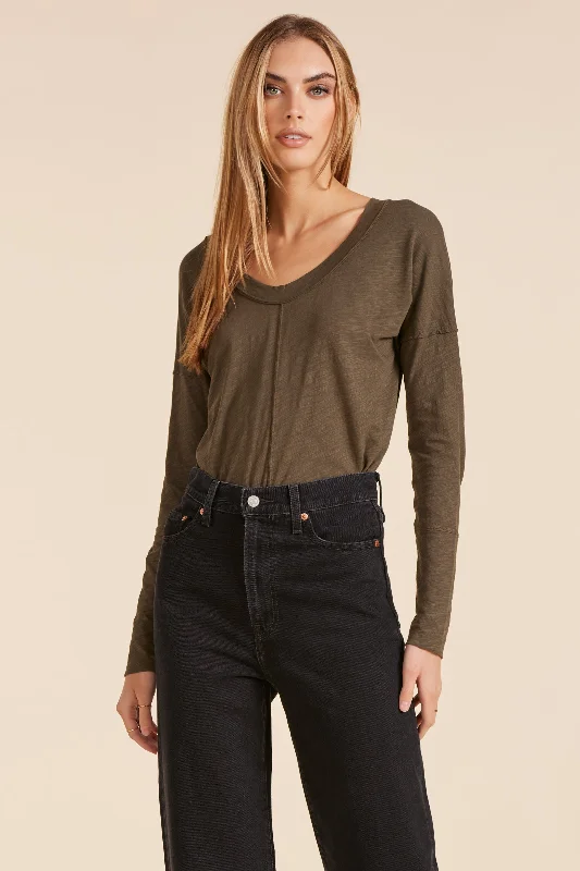 Women's Blouse with Collarless NeckDROP SHOULDER LONG SLEEVE TEE