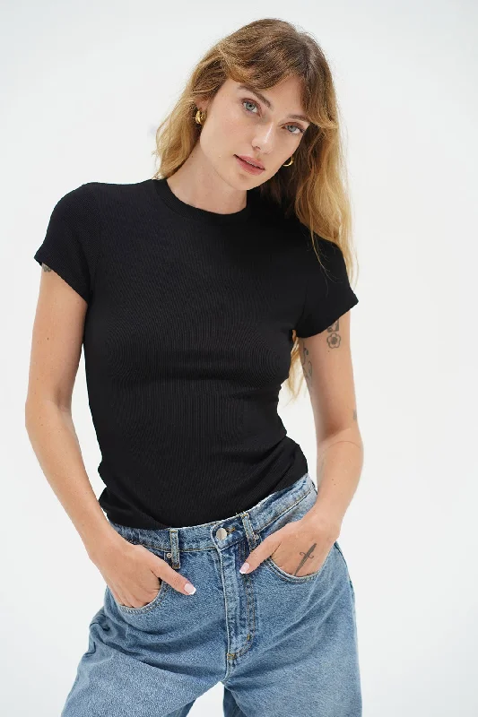 Women's Blouse with Sweetheart NeckFitted Ribbed Crew Tee - Black