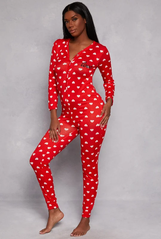 women's pajamas featuring animal printsLove Heart Print Pajama Onesie