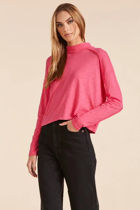 Women's Blouse with Collarless DesignMOCK NECK SLUBBED JERSEY TEE