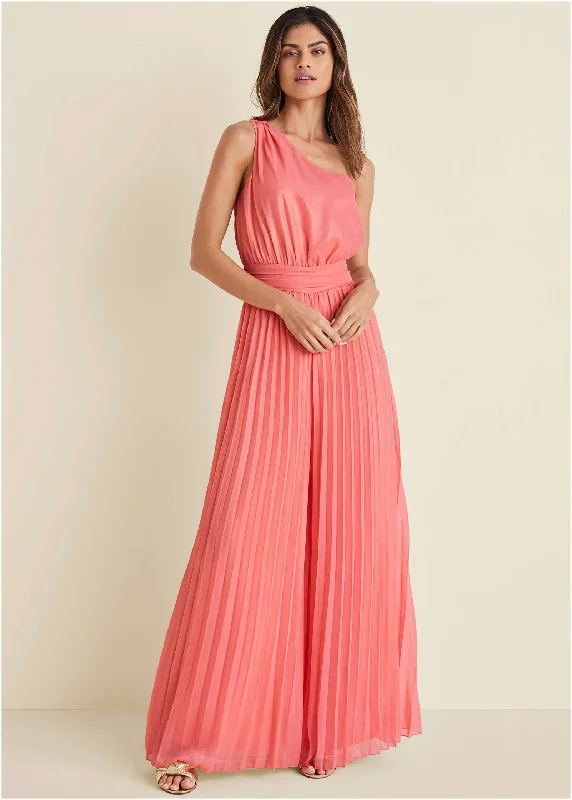 Women's Jumpsuits with High CollarGold Foil Pleated Jumpsuit - Coral