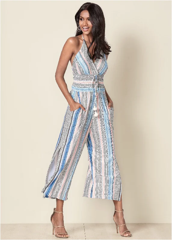 Women's Jumpsuits with U-Shaped NeckTassel Halter Jumpsuit - Light Blue Multi