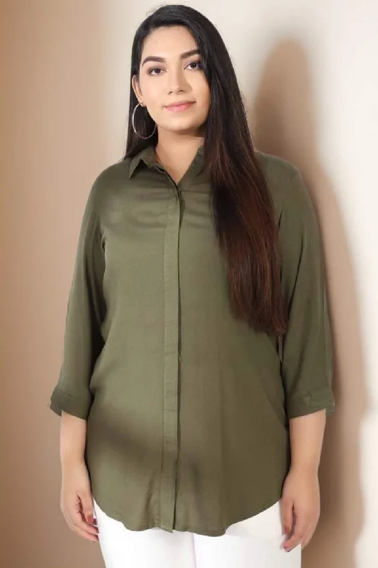 Women's Blouse with Shirt CollarOlive Round Hemline Shirt