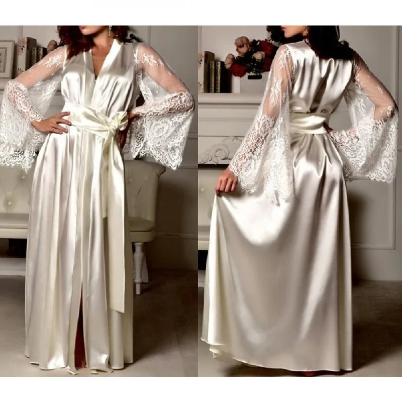 women's pajamas with a timeless appealQueen Esther - White Elegant Silk and Fine Lace Robe Night Gown