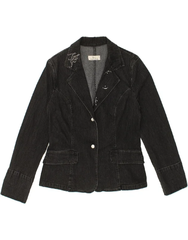 Women's Coats with Fur Trimmed HoodVINTAGE Womens Graphic Denim Blazer Jacket UK 16 Large Black Cotton