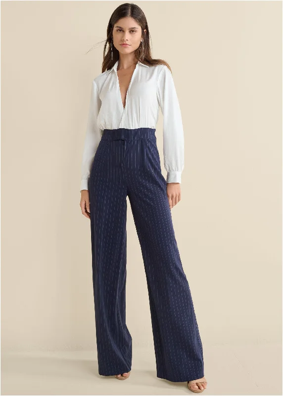 Women's Jumpsuits with Tapered LegPinstripe Wide Leg Jumpsuit - Navy & White