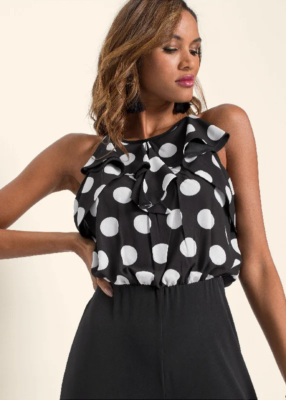 Women's Jumpsuits with U-Shaped CollarPolka-Dot Jumpsuit - Black & White