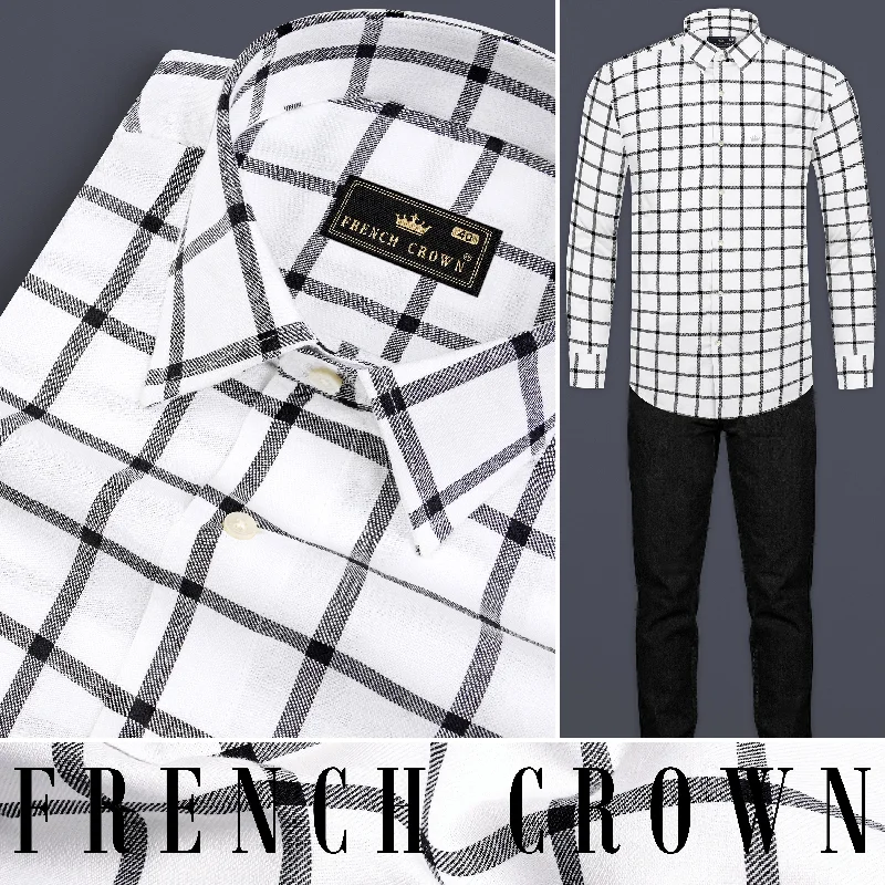 Women's Blouse with Low CollarWhite and Black Windowpane Twill Premium Cotton Shirt