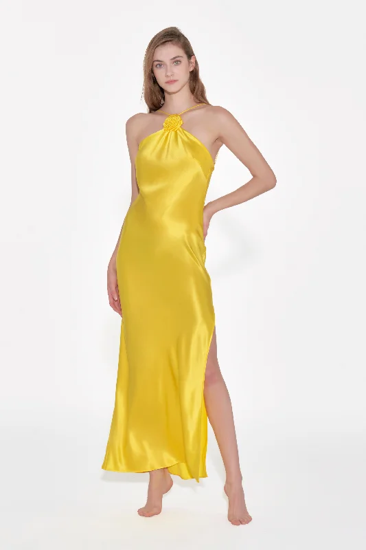 women's pajamas with a cozy, warm feelLemon Yellow Silk Halter Neck Dress