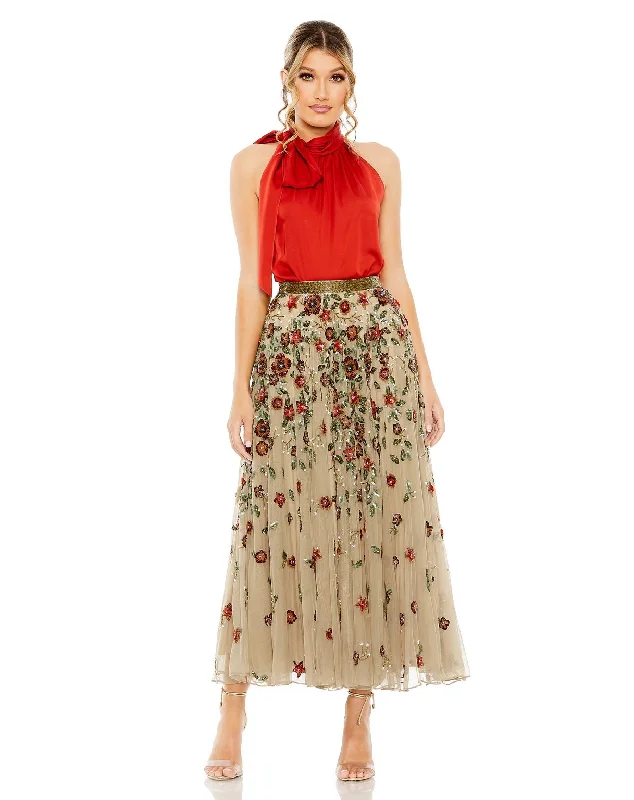 Women's Boat Hem SkirtsMac Duggal R5707 Floral Beaded Long Chiffon Skirt Only