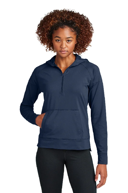 Women's Hooded Sweatshirts with Mesh LiningSport-Tek Womens Sport-Wick Moisture Wicking 1/4 Zip Hooded Sweatshirt Hoodie w/ Pouch Pocket - True Navy Blue - New