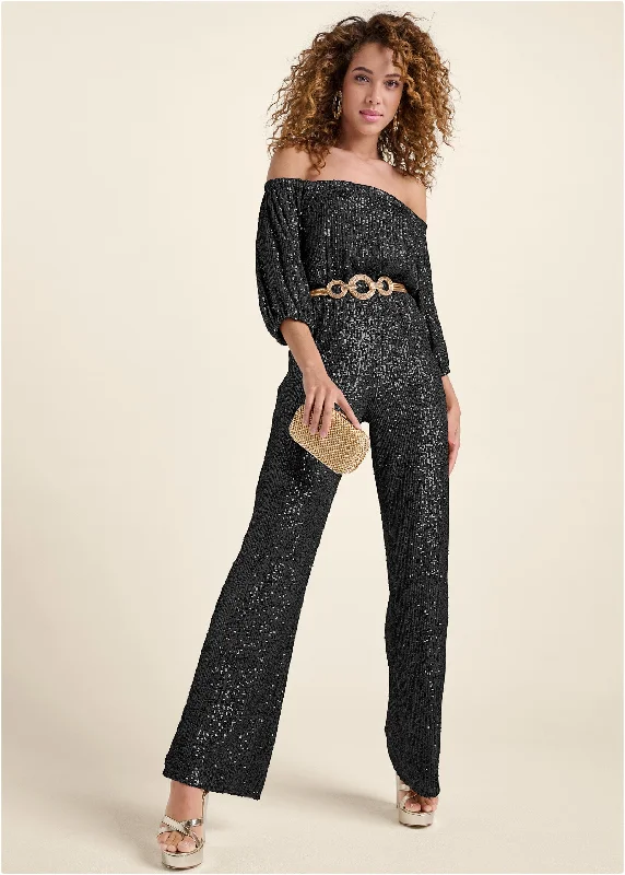 Women's Jumpsuits with Mid-LengthOff-Shoulder Sequin Jumpsuit - Black