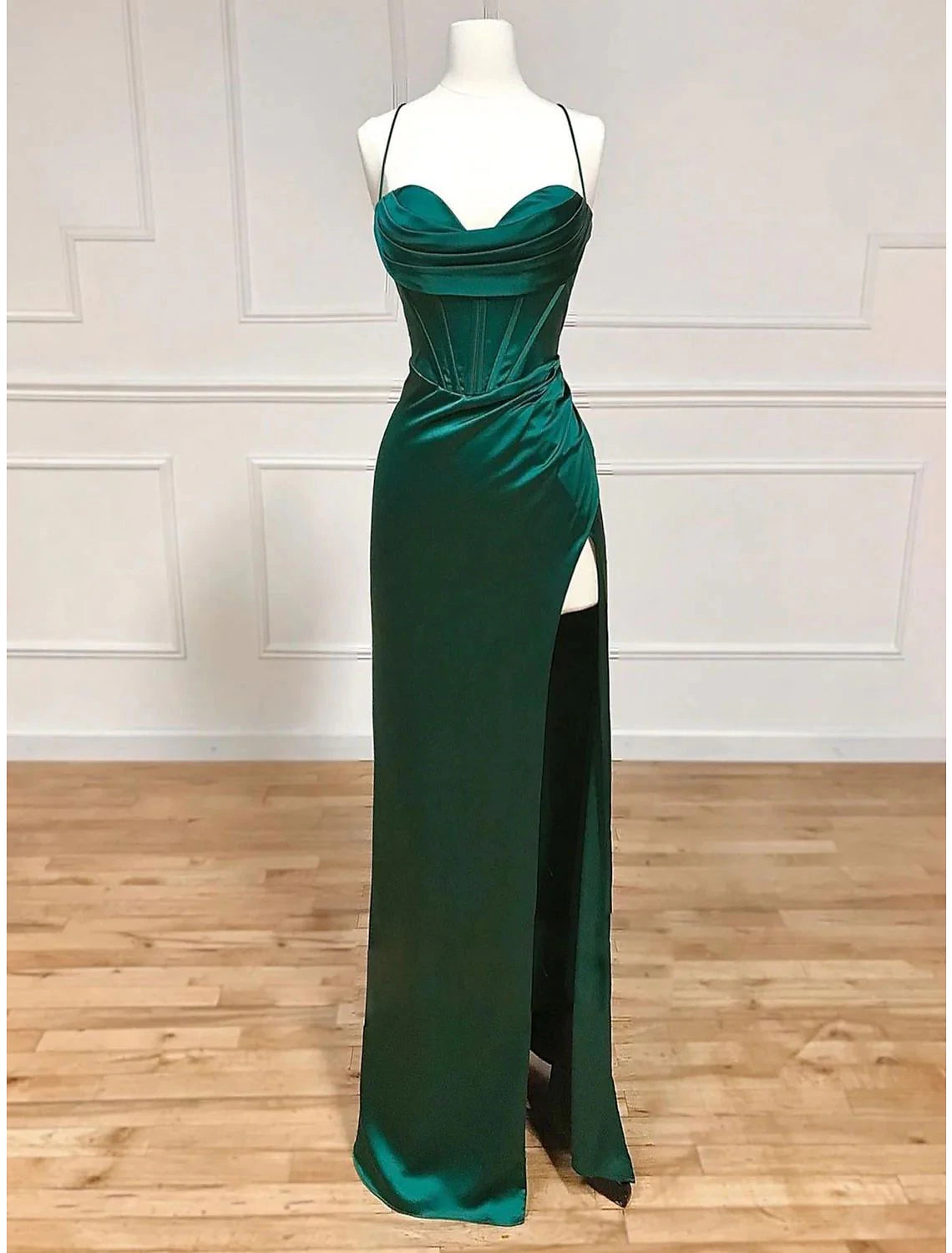 Women's Boat Collar DressesSheath / Column Evening Gown Empire Dress Formal Wedding Party Floor Length Sleeveless Spaghetti Strap Satin Backless with Pleats Slit