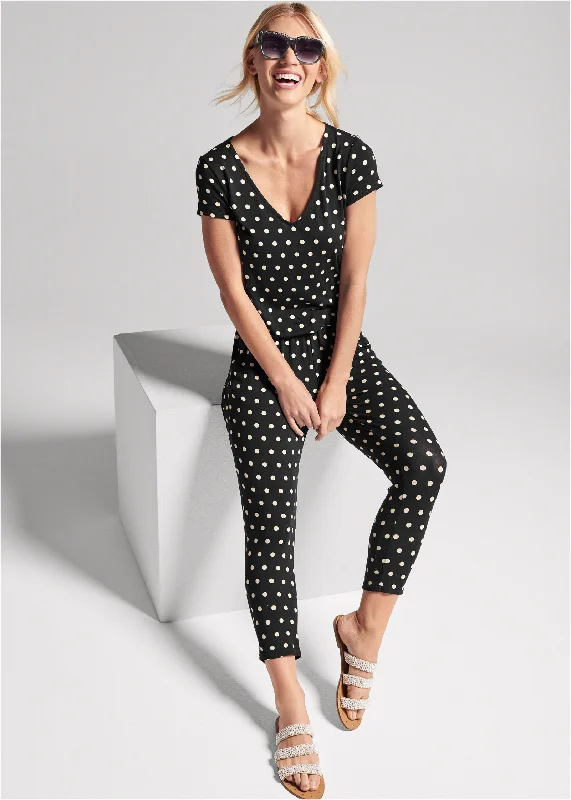 Women's Jumpsuits with Shawl CollarPolka Dot Jumpsuit - Black & White