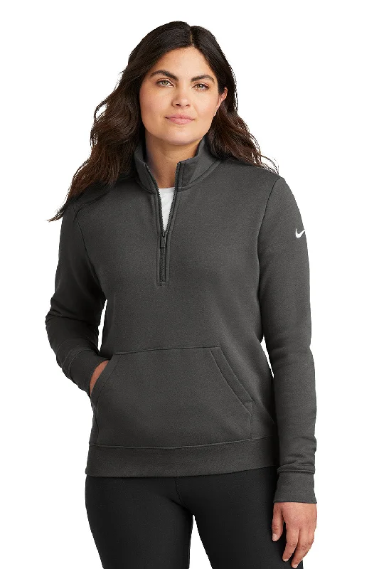 Women's Hooded Sweatshirts with Solid Color LiningNike Womens Club Fleece 1/4 Zip Sweatshirt w/ Pouch Pocket - Anthracite Grey - New