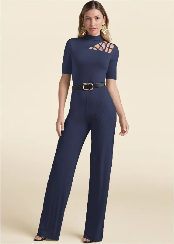 Women's Jumpsuits with Full LengthStrappy Mock-Neck Jumpsuit - Navy