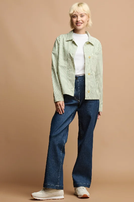 Women's Blouse with Boat CollarThe Quarry Bank Women's Elena Stripe Overshirt - Green/White