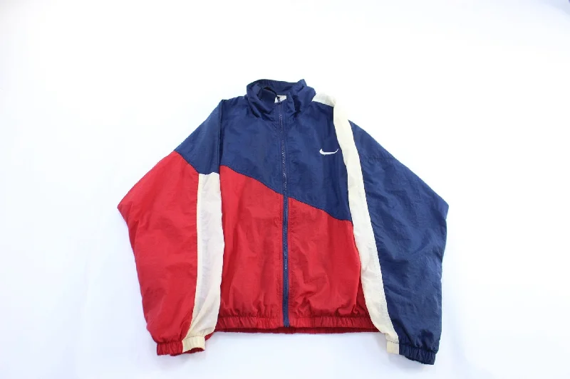 Women's Coats with Fur Trimmed Pockets90's Nike Embroidered Logo Red, Blue, & White Zip Up Jacket