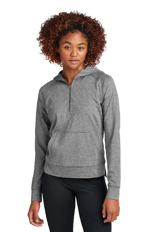 Women's Hooded Sweatshirts with Damask LiningSport-Tek Womens Sport-Wick Moisture Wicking 1/4 Zip Hooded Sweatshirt Hoodie w/ Pouch Pocket - Heather Charcoal Grey - New