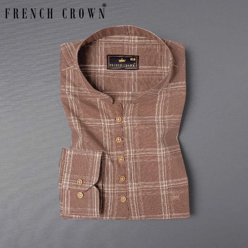 Women's Blouse with RufflesDark Chestnut Brown Plaid Luxurious Linen Kurta Shirt