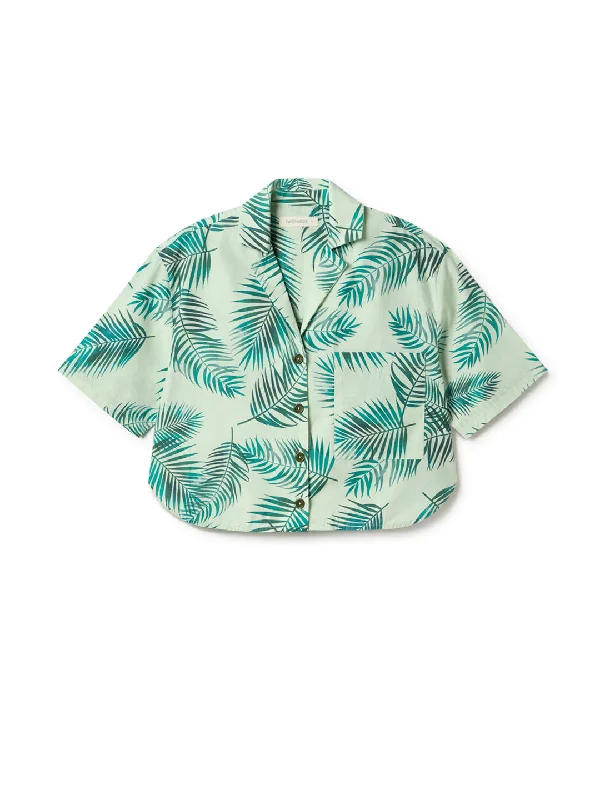 Women's Blouse with V-Shaped CollarSamama - Palm Print