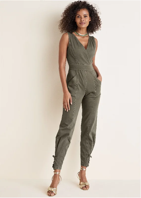 Women's Jumpsuits with Lapel CollarTwill Utility Jumpsuit - Olive