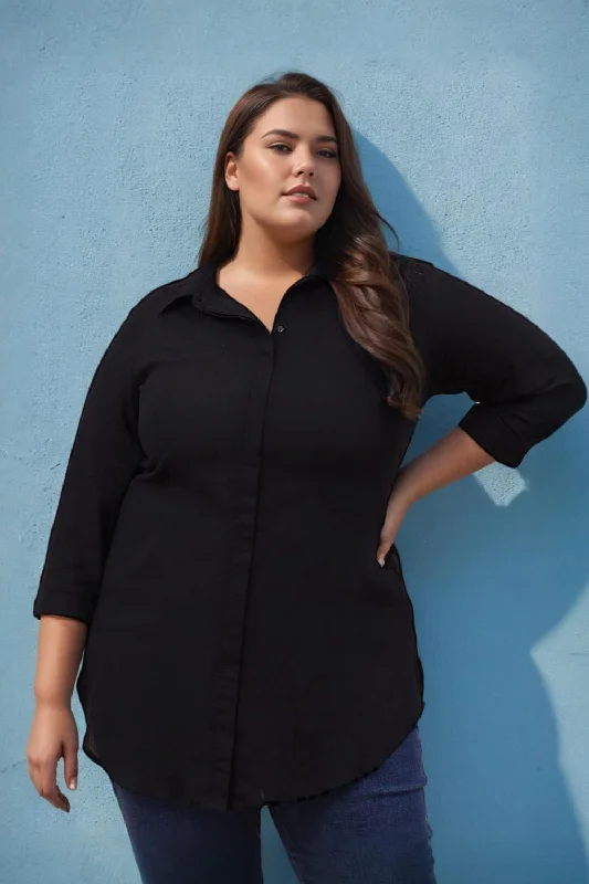 Women's Blouse with Keyhole CollarPlus Size Black Shirt