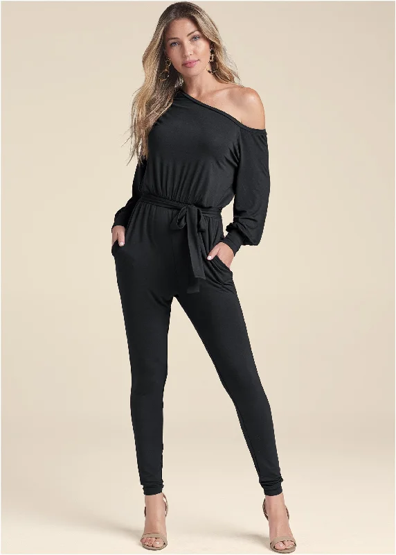 Women's Jumpsuits with Mid-LengthOff-Shoulder Jumpsuit - Black