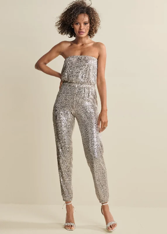 Women's Jumpsuits with Shawl CollarStrapless Sequin Jumpsuit - Champagne