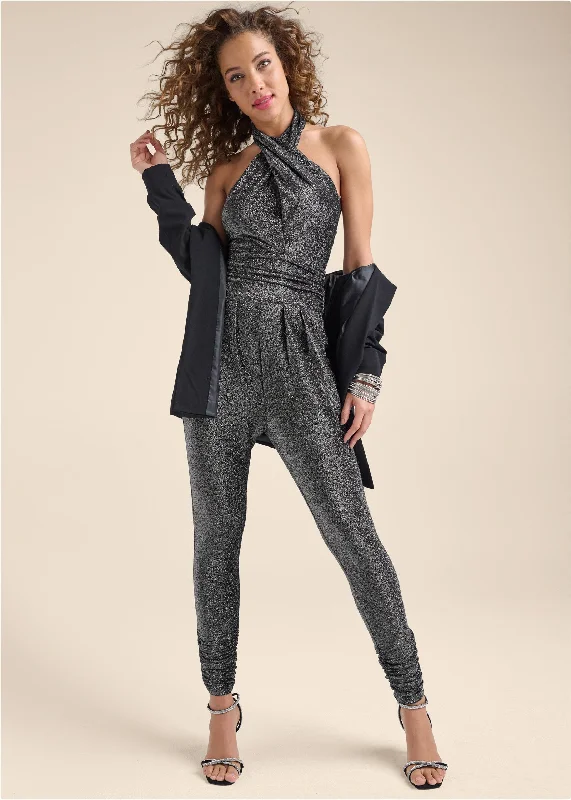 Women's Long-Sleeve JumpsuitsCross-Neck Sparkle Jumpsuit - Silver