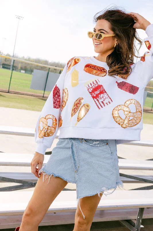 Women's Hooded Sweatshirts with Geometric LiningWhite Scattered Ballpark Food Sweatshirt