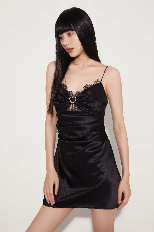 ladies' silk pajama topsBlack Crystal Heart Silk Slip Mini Dress