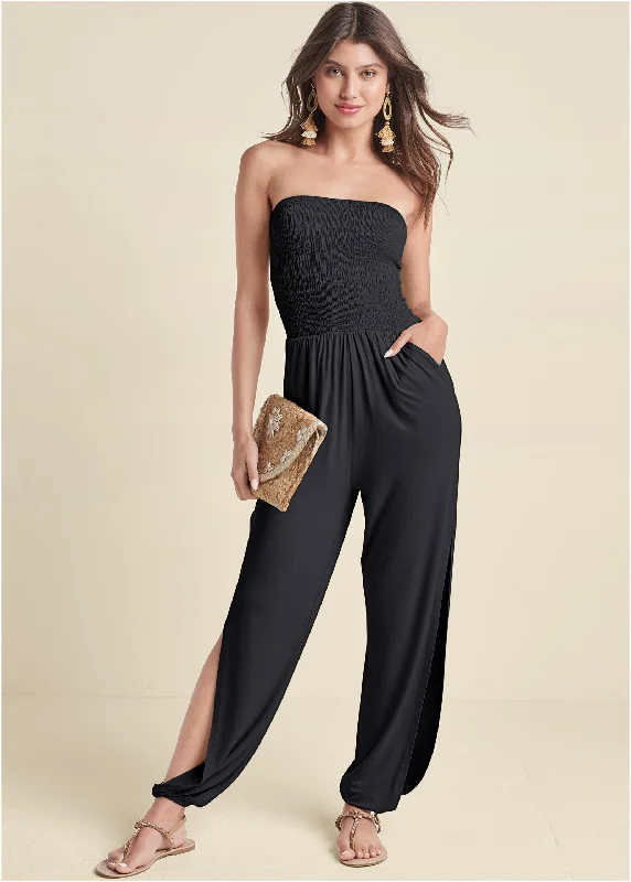 Women's Jumpsuits with Narrow CollarSmocked Side Slit Jumpsuit - Black