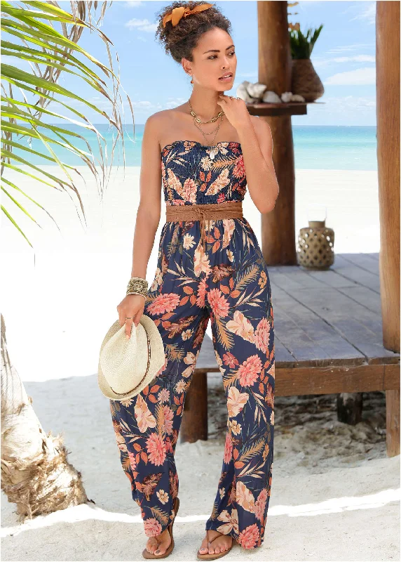 Women's Jumpsuits with Low WaistFloral Strapless Jumpsuit - Black Multi