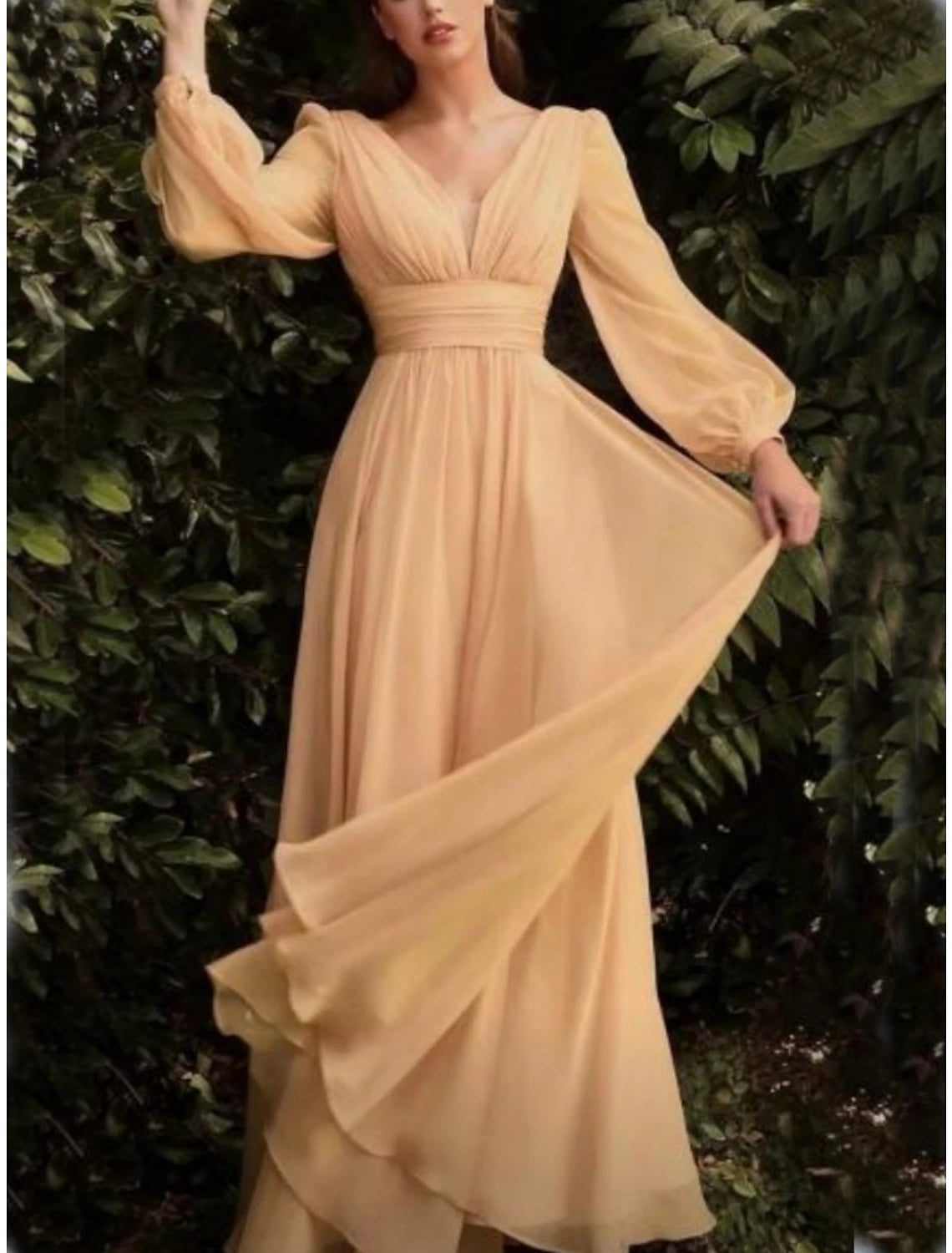 Women's Off-Shoulder DressesSheath / Column Wedding Guest Dresses Elegant Dress Party Dress Floor Length Long Sleeve V Neck Fall Wedding Guest Chiffon with Pleats Slit