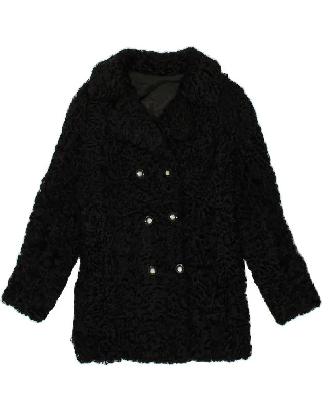 Women's Coats with HoodVINTAGE Womens Fur Double Breasted Coat UK 14 Medium Black Leather