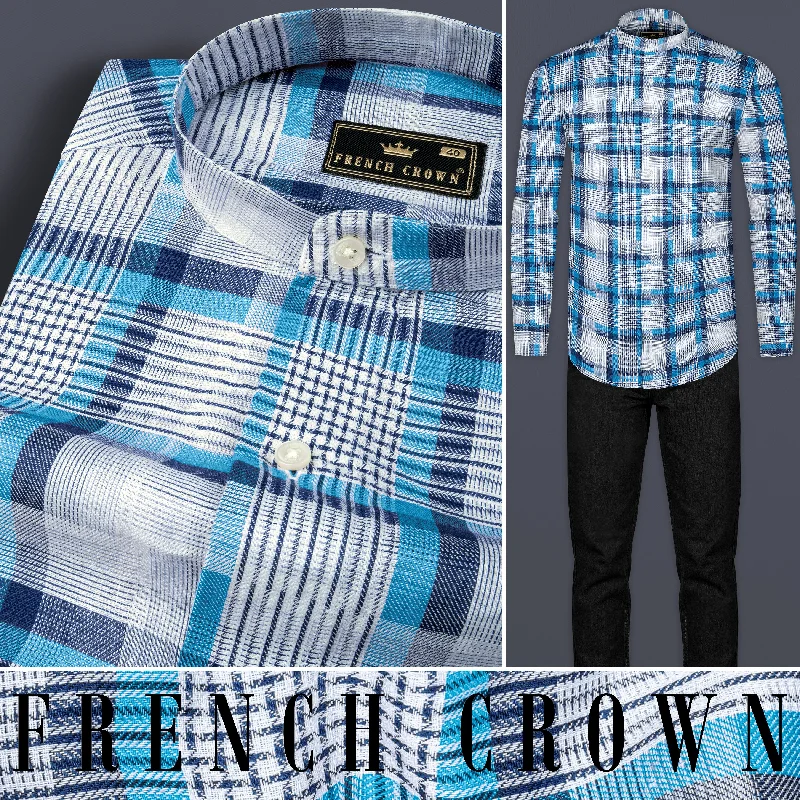 Women's Blouse with PleatsWhite and Shakespeare Blue Twill Plaid Premium Cotton Shirt