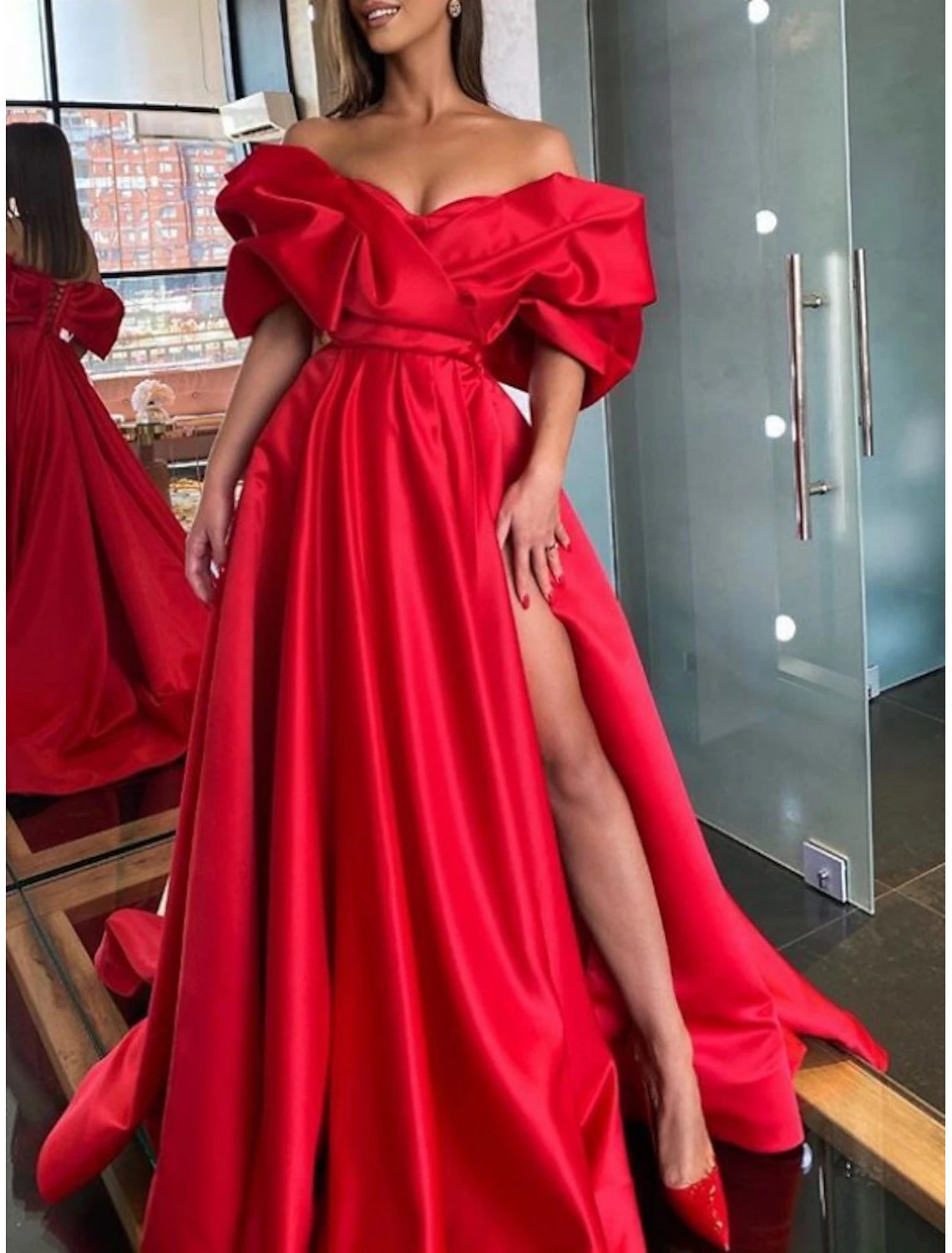 Women's Mandarin Collar DressesSheath Evening Gown Party Dress Red Green Dress Black Tie Gala Sweep / Brush Train Half Sleeve Off Shoulder Satin with Ruched Slit