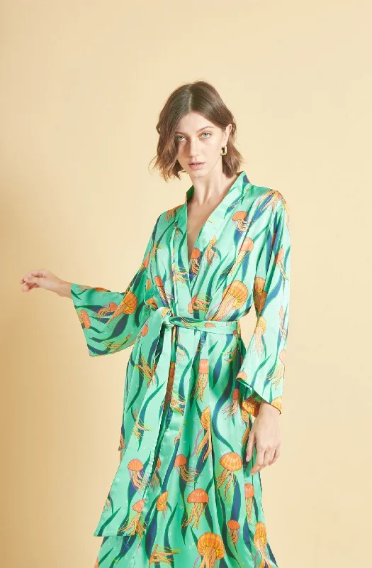 women's pajamas with a comfortable fitLong Robe - Jellyfish in Green Silk