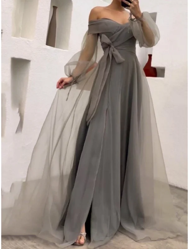 Women's Round-Neck DressesSheath / Column Prom Dresses Princess Dress Wedding Party Sweep / Brush Train Long Sleeve Off Shoulder Belt / Sash Tulle with Bow(s) Pleats Slit