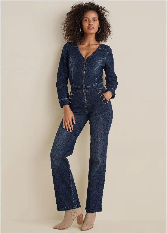 Women's Jumpsuits with Keyhole NeckZip Front Denim Jumpsuit - Dark Wash