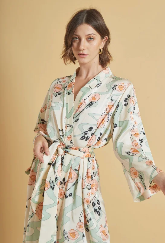 women's pajamas with built-in shortsLong Robe - Roses Floral Silk