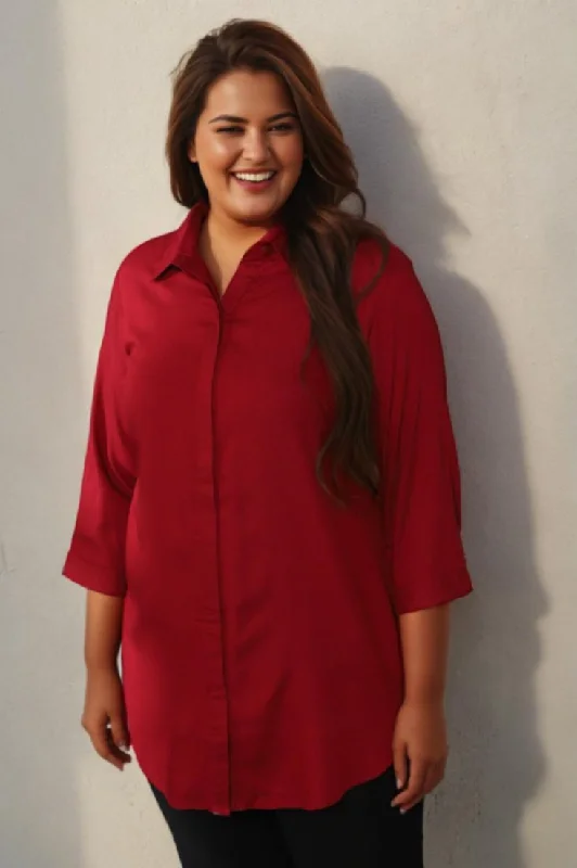 Women's Blouse with Peter Pan CollarPlus Size Red Shirt