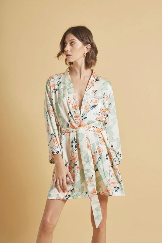 women's striped pajama setsShort Kimono - Roses Floral Silk