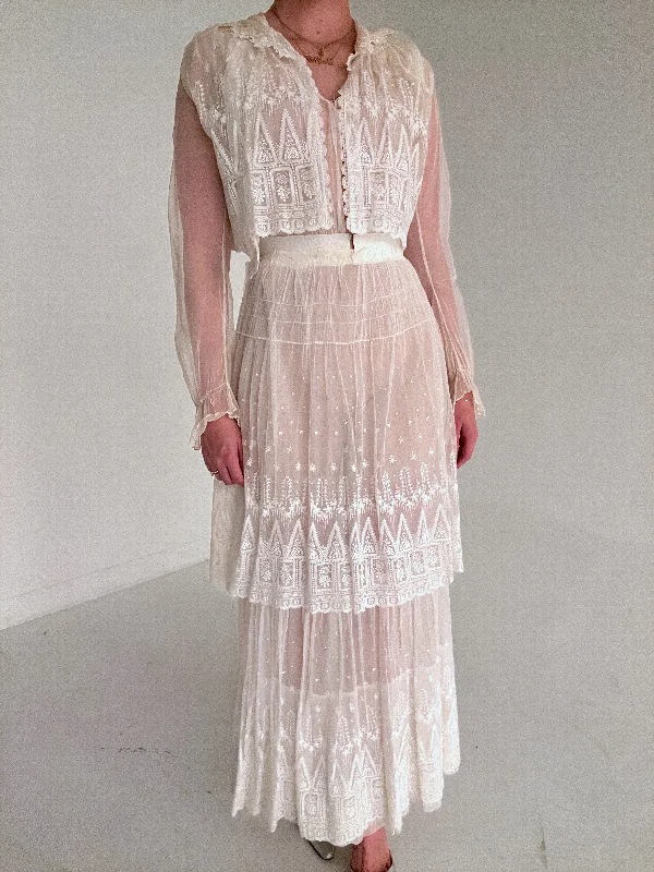 women's pajamas with a charming, vintage aestheticEdwardian Embroidered Net Gown with Tiered Skirt