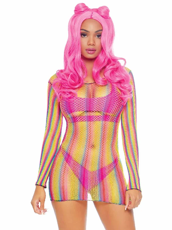 women's pajamas with a perfect blend of style and comfortRainbow Fishnet Long Sleeved Mini Dress - One Size - Rainbow