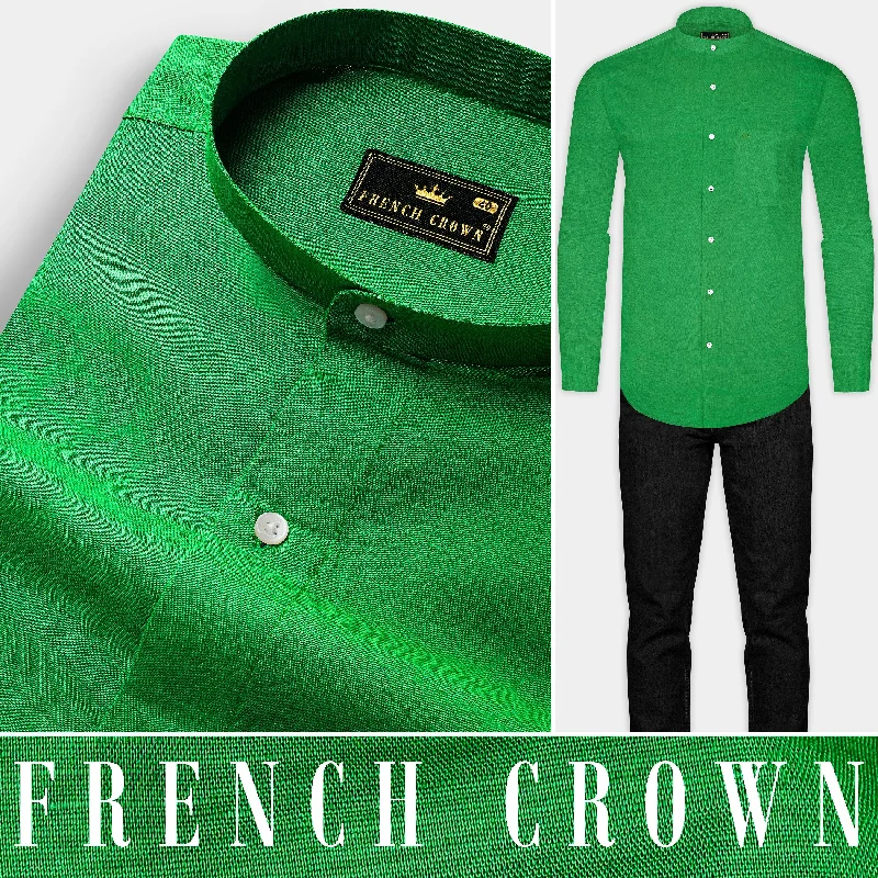 Women's Blouse with HoodSalem Green Luxurious Linen Mandarin Collar Shirt