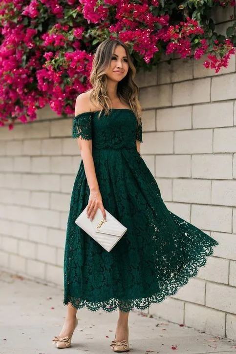 Women's U-Shaped-Neck DressesGreen Lace Strapless Party Dress A Line Tea Length Prom Dress     S2699