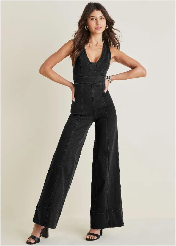 Women's Jumpsuits with Cropped LengthStretch Denim Jumpsuit - Black Wash